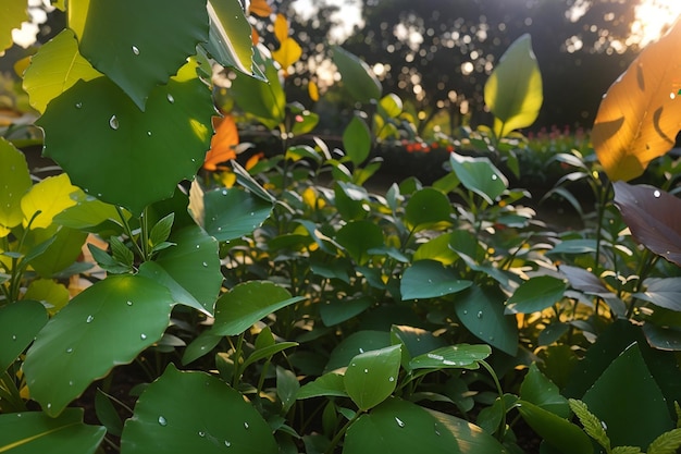 Hojas del jardín después de la lluvia al atardecer