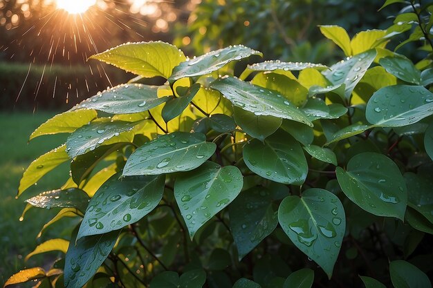 Hojas del jardín después de la lluvia al atardecer