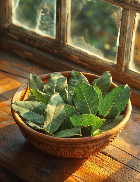 Hojas de laurel en un cuenco en una mesa de madera