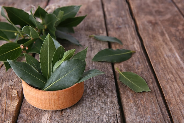 Hojas de laurel frescas en un tazón sobre una mesa de madera vintage