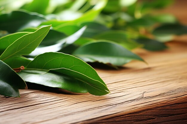 Foto hojas de laurel en una mesa de madera de cerca