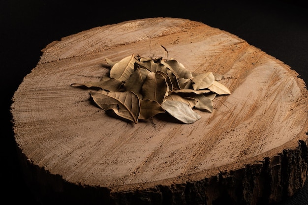 Hojas de laurel sobre fondo de madera