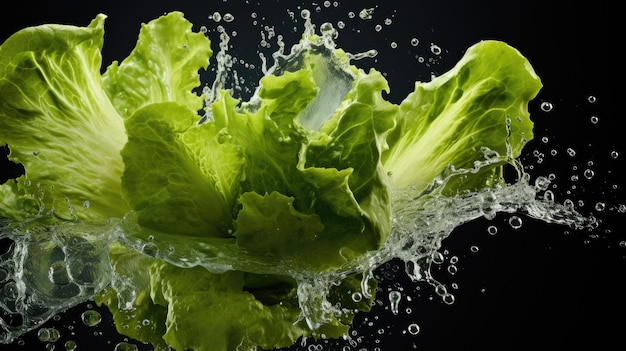 Hojas de lechuga verdes crudas orgánicas frescas y suaves verduras que caen en el agua y salpicaduras