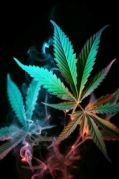 Hojas de marihuana de cannabis con humo en luz de neón sobre fondo negro primer plano Legalización de ganja médica IA generativa