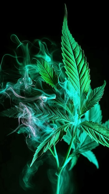 Hojas de marihuana con humo a la luz de neón en fondo oscuro Legalización de la ganja médica IA generativa