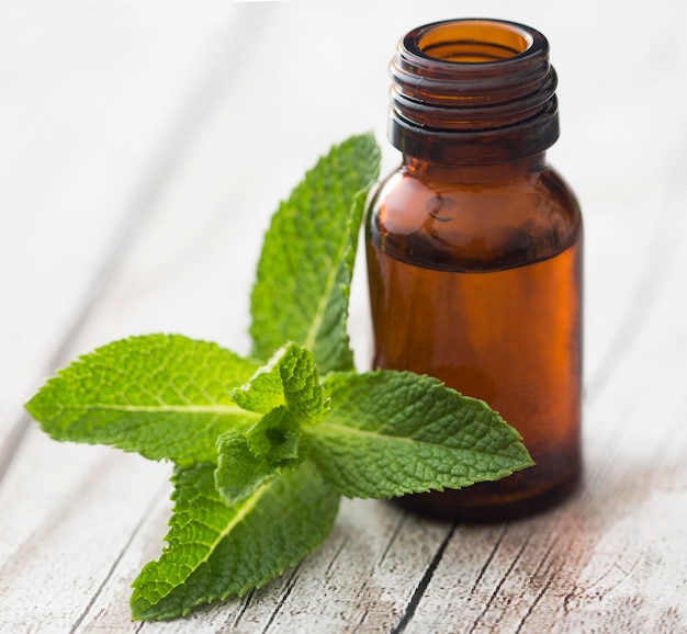 Hojas de menta con aceite esencial en una botella.