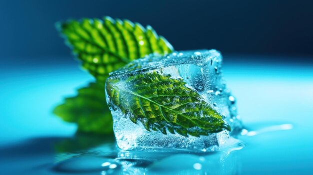 Foto hojas de menta en cubo de hielo ai generativo