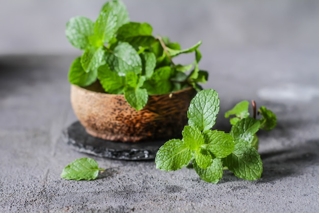 Hojas de menta fresca en un tazón