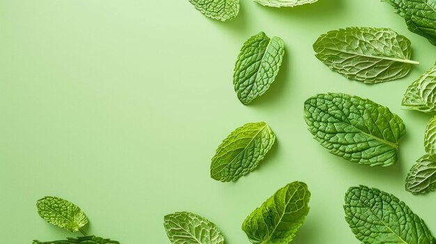 Foto hojas de menta frescas en el borde derecho contra un fondo verde claro espacio para copiar