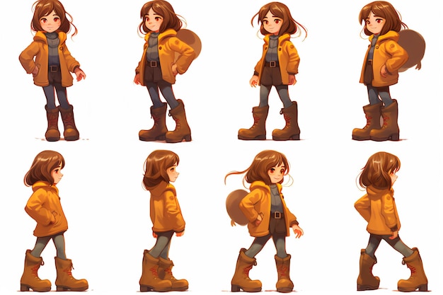 Hojas de modelo de personaje Ilustraciones de niña de dibujos animados con temática de otoño