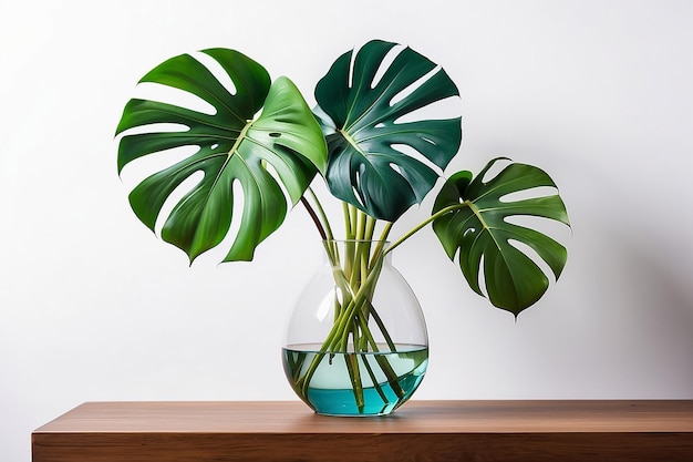 Hojas de monstera de colores en un jarrón