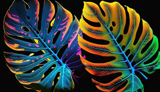 hojas de monstera colores de neón fondo de plantas tropicales