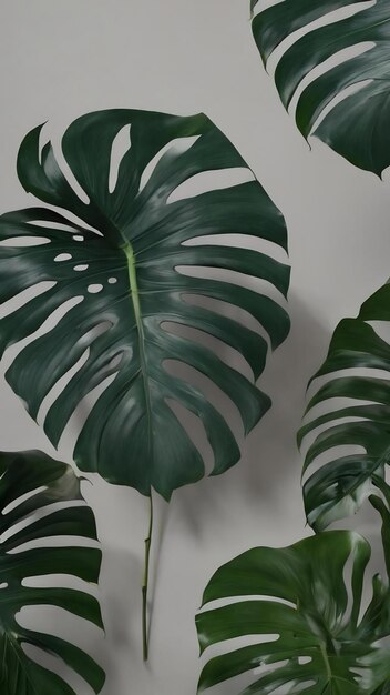 Hojas de monstera con sombra de hojas de palma sobre un fondo gris