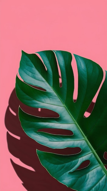 Hojas de Monstera con sombra sobre un fondo rosado