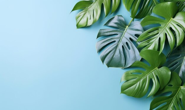 Hojas de monstera tropical sobre un fondo azul pastel con espacio de copia vacío Concepto de hoja verde de selva Flat lay AI Generative