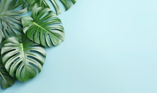 Hojas de monstera tropical sobre un fondo azul pastel con espacio de copia vacío Concepto de hoja verde de selva Lay plano Creado con herramientas generativas de IA