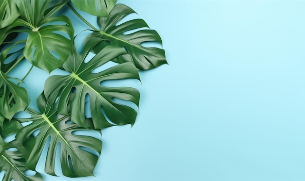 Hojas de monstera tropical sobre un fondo azul pastel con espacio de copia vacío Concepto de hoja verde de selva Lay plano Creado con herramientas generativas de IA