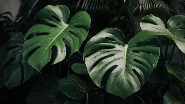 Hojas de monstera verde exuberante Follaje de la selva tropical Fondo de naturaleza de hoja verde oscuro generado por IA