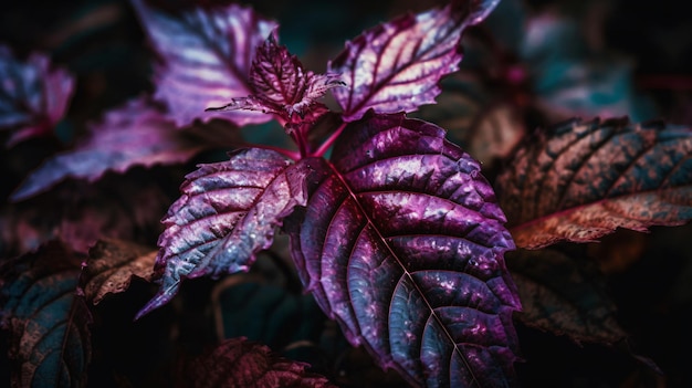 Hojas moradas de una planta con la palabra "morado" en la parte inferior.