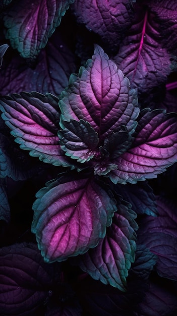 Hojas moradas sobre fondo negro Esmeralda oscuro y rosa Instantánea Estética IA generada