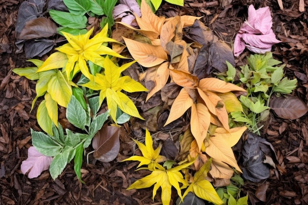 Hojas multicolores mezcladas en una pila de compost