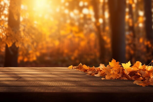 Hojas de naranja de mesa de otoño y tabla de madera al atardecer en el bosque