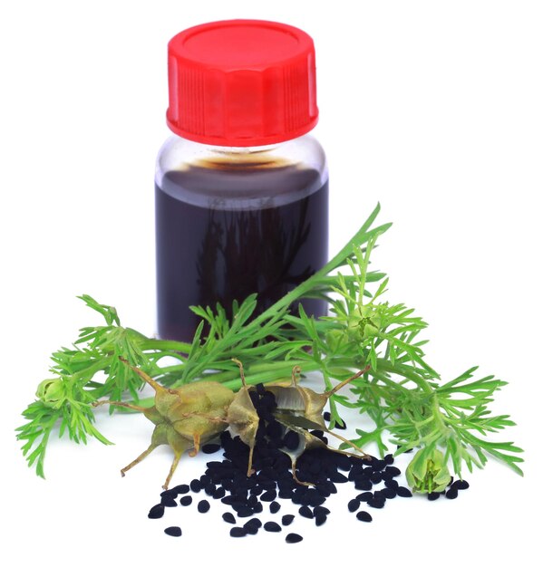 Hojas de Nigella con semillas y aceite esencial en una botella
