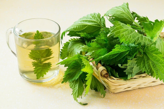 Hojas de ortiga en cesta e infusión en taza