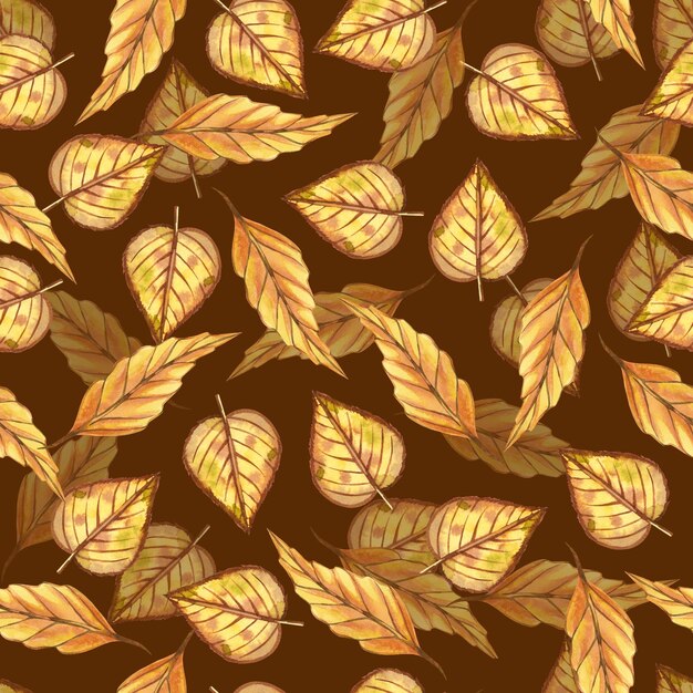 Hojas de otoño de abedul amarillo dibujado a mano con acuarela amarilla en un fondo oscuro acuarela