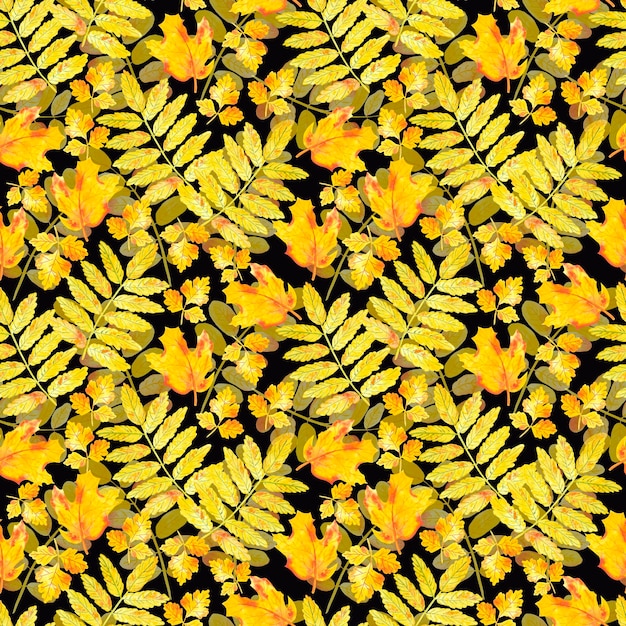 Hojas de otoño acuarela dibujadas a mano de patrones sin fisuras sobre fondo negro. Se puede utilizar para telas textiles de álbumes de recortes y otros productos impresos.