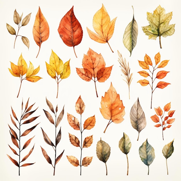 Hojas de otoño acuarela otoño hojas y ramas naranja rojo amarillo marrón verde