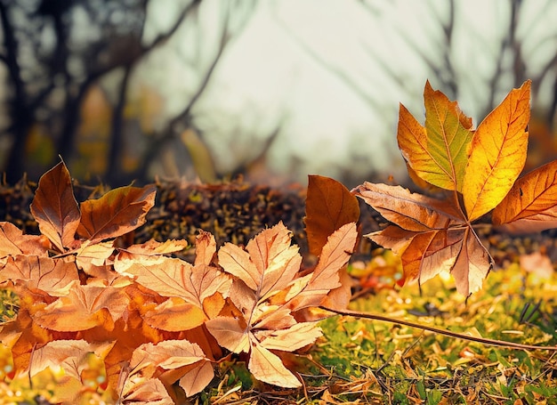 Las hojas de otoño caen en la hierba