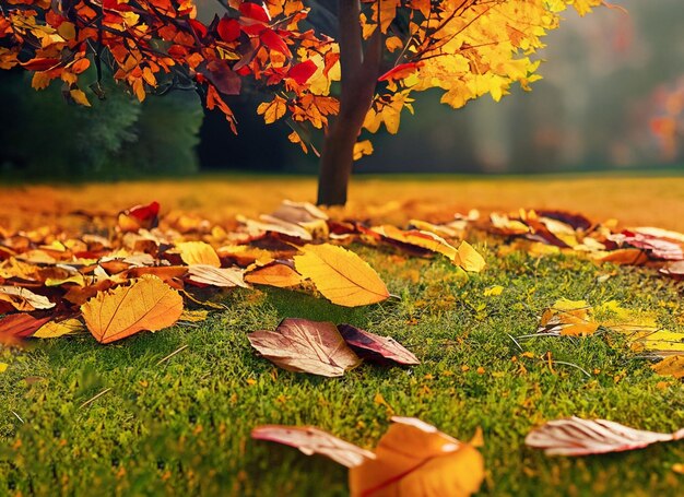 Las hojas de otoño caen en la hierba