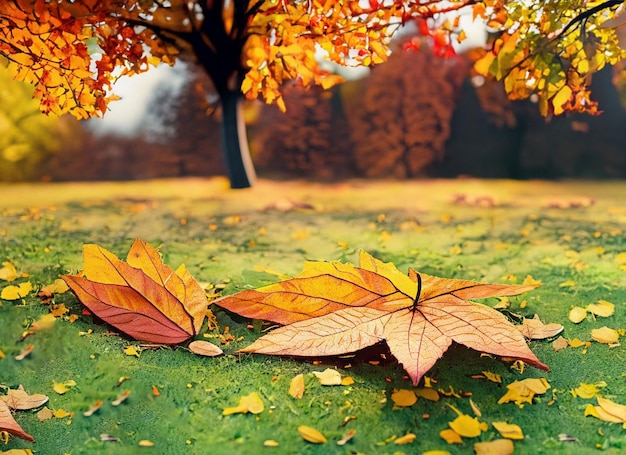 Las hojas de otoño caen en la hierba
