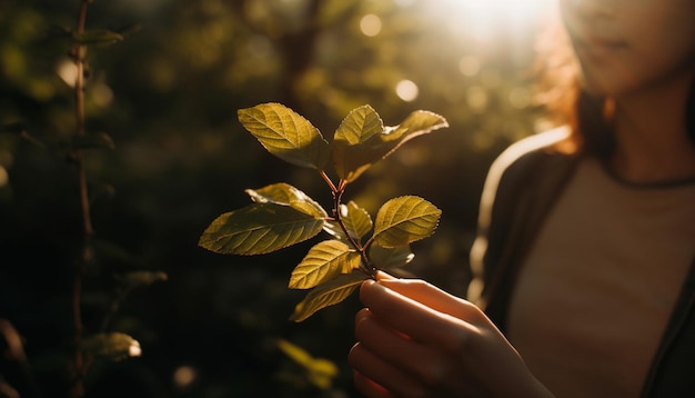 Foto las hojas de otoño caen, las mujeres abrazan la belleza de la naturaleza generada por ia