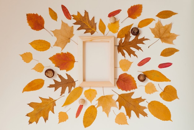 Hojas de otoño caídas dispuestas una al lado de la otra alrededor de un marco de madera sobre un fondo beige