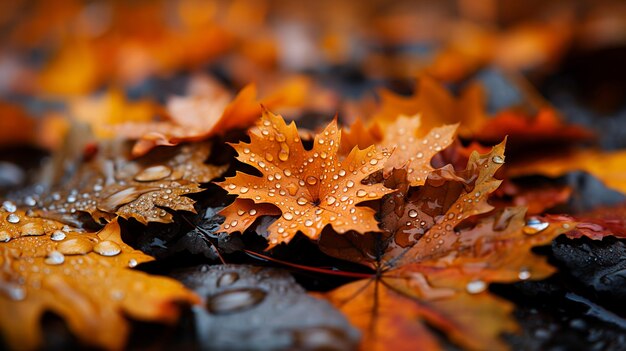 Las hojas de otoño caídas en el suelo con gotas de lluvia