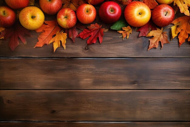 Hojas de otoño con calabazas y manzanas sobre fondo de madera IA generativa