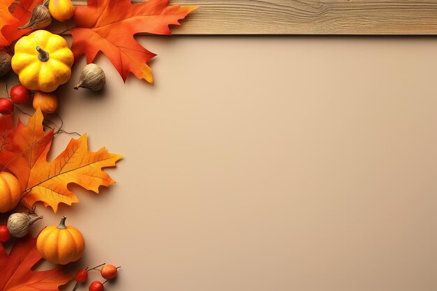 Foto hojas de otoño y calabazas sobre fondo de madera con espacio para el texto ai generado