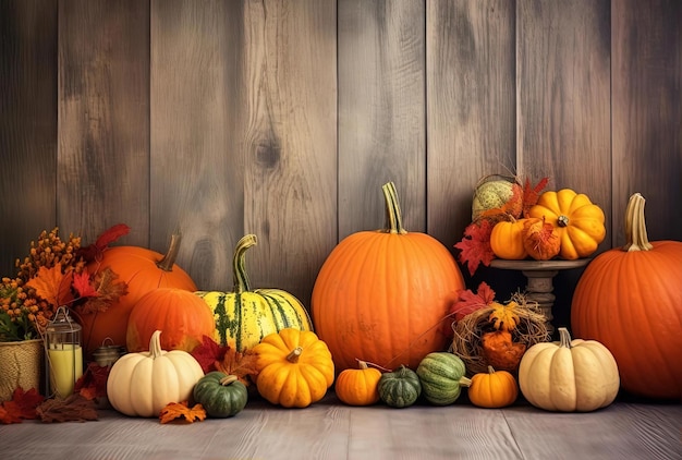 hojas de otoño y calabazas sobre fondo de madera