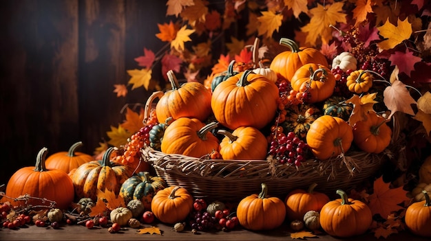 Hojas de otoño y calabazas.