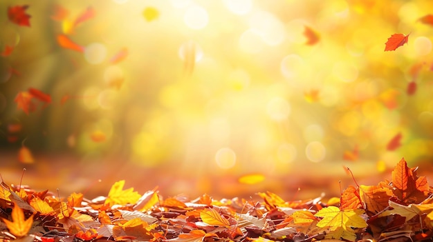 Hojas de otoño cayendo en un bosque iluminado por el sol