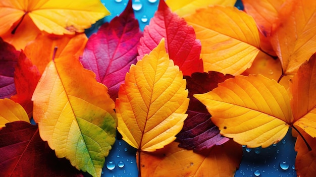 Hojas de otoño coloridas con gotas de agua