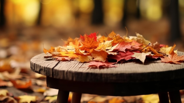 Hojas de otoño coloridas en una mesa de madera