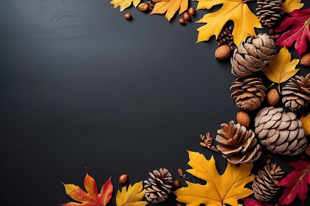 Hojas de otoño coloridas nueces y piñones Doble borde sobre un fondo de bandera oscura rústica Vista de arriba hacia abajo con espacio de copia