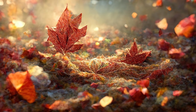 Hojas de otoño coloridas en el suelo con escarcha en la mañana