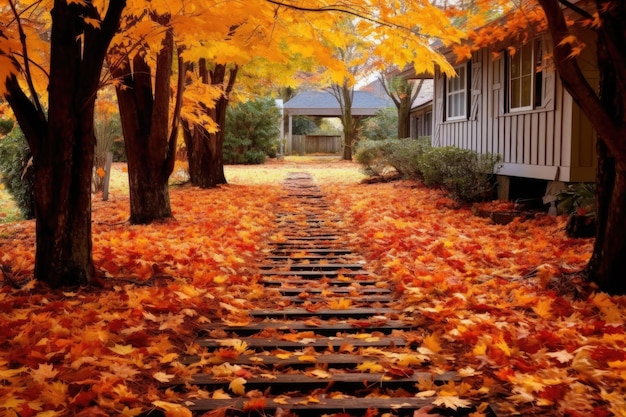 Hojas de otoño creando un camino en un jardín bien cuidado creado con IA generativa