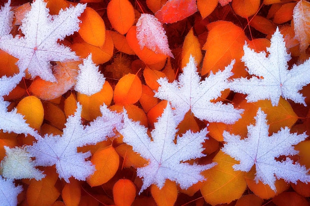 Hojas de otoño creativas teseladas cubiertas de escarcha Patrón de suelo forestal Fondo de color marrón rojo y naranja Ilustración 3D