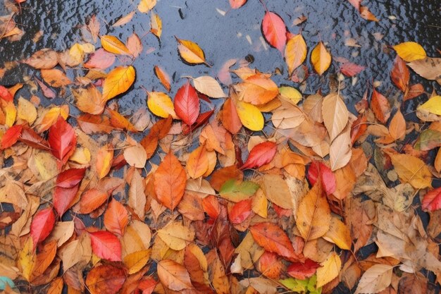 Hojas de otoño empapadas de lluvia en el pavimento