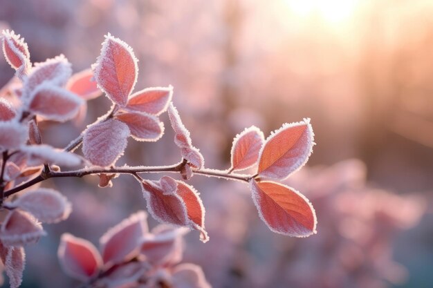 Hojas de otoño en escarcha iluminadas por la luz del sol por la mañana